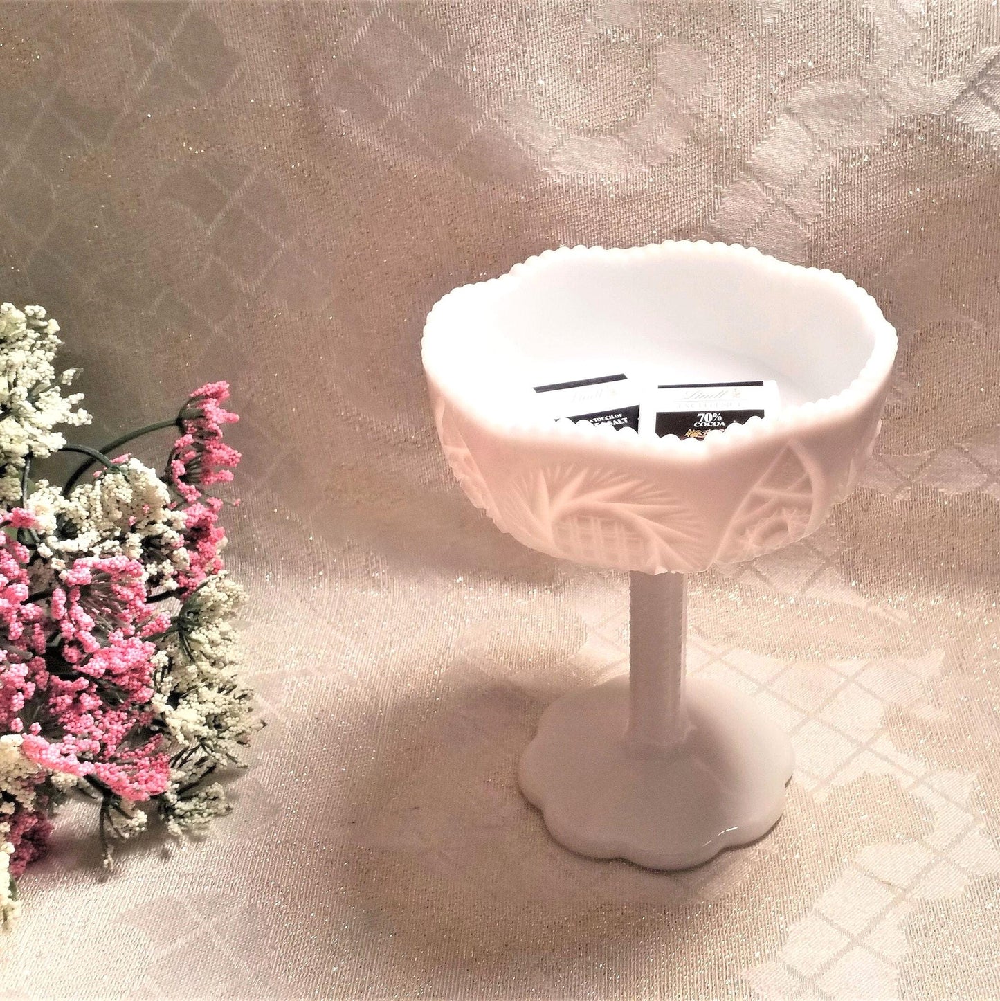 Vintage Milk Glass Compote: Cut Designs, Sawtooth Edge Always FREE Domestic SHIPPING