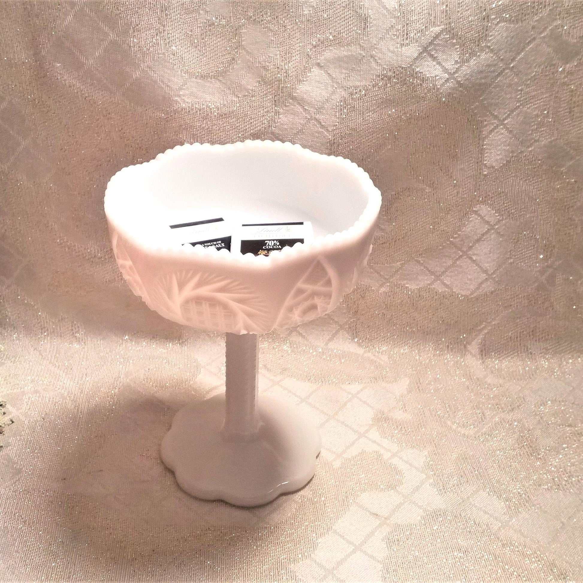 Vintage Milk Glass Compote: Cut Designs, Sawtooth Edge Always FREE Domestic SHIPPING