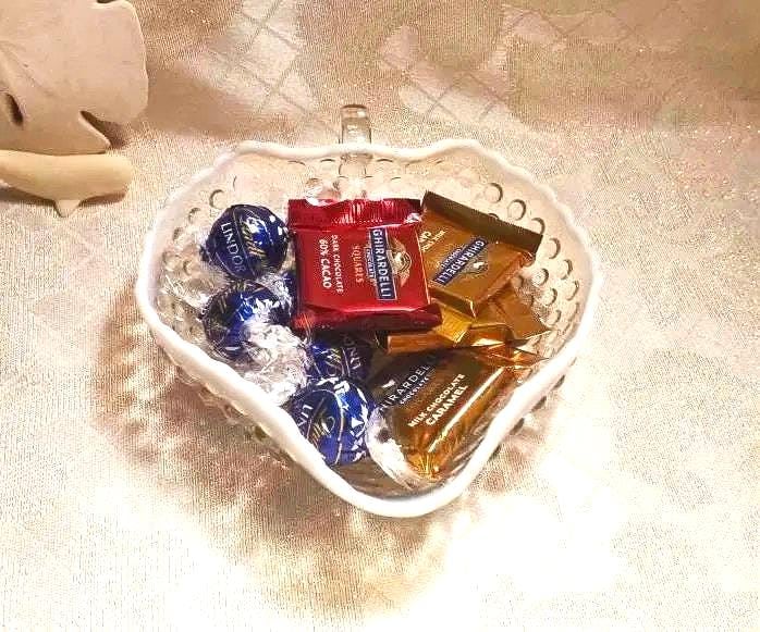 Vintage Heart Shaped Candy Dish White Milk Glass Rim And Always FREE Domestic SHIPPING
