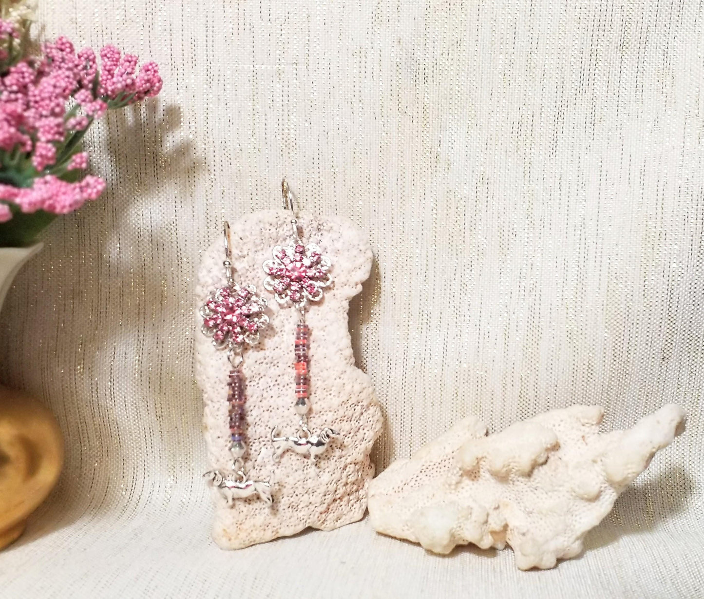 Dachshund Charm Earrings, Silverplated Crystal and Czech Glass