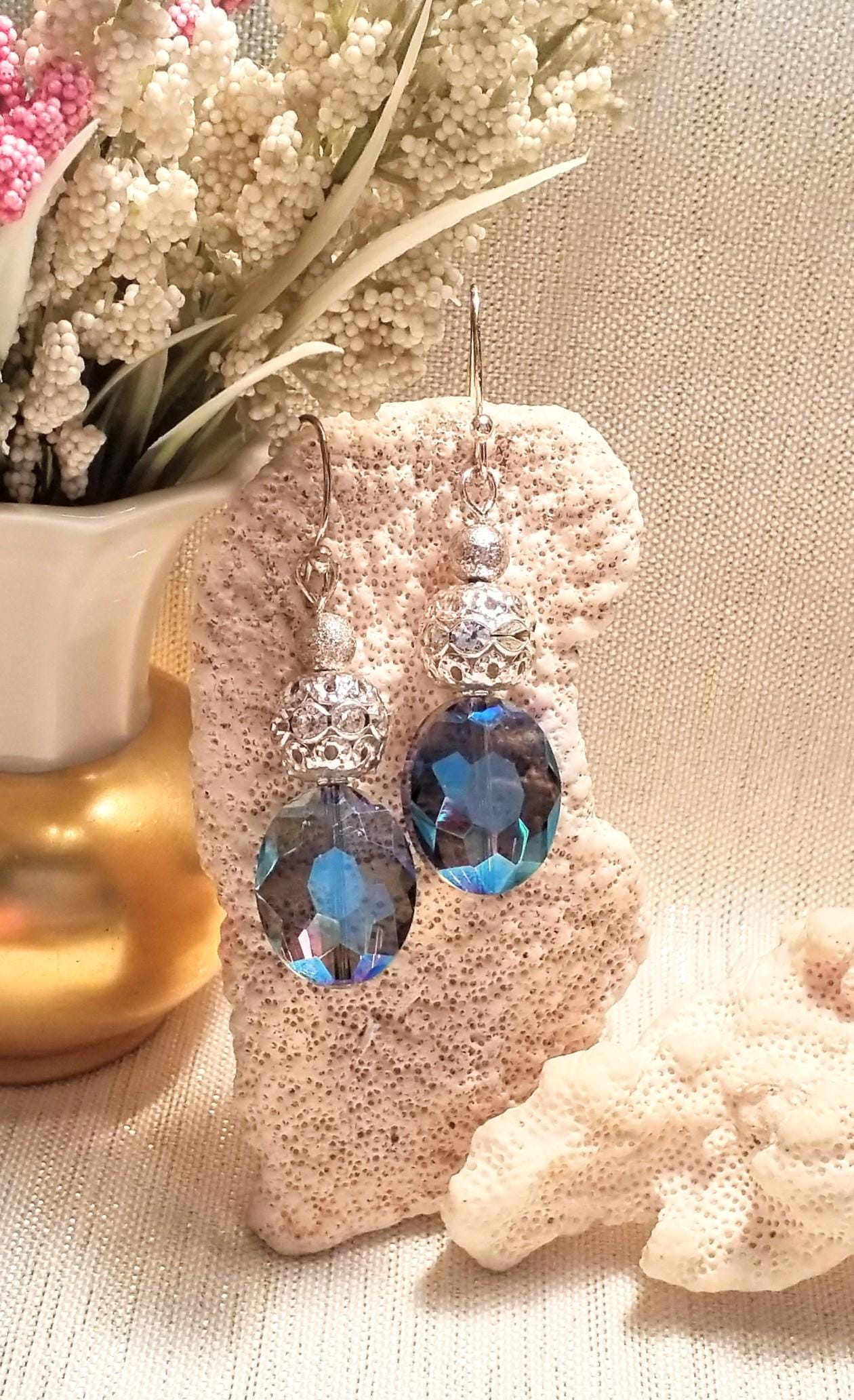 Handcrafted Silverplated Earrings, AB Crystal Blue Ovals Always FREE Domestic SHIPPING
