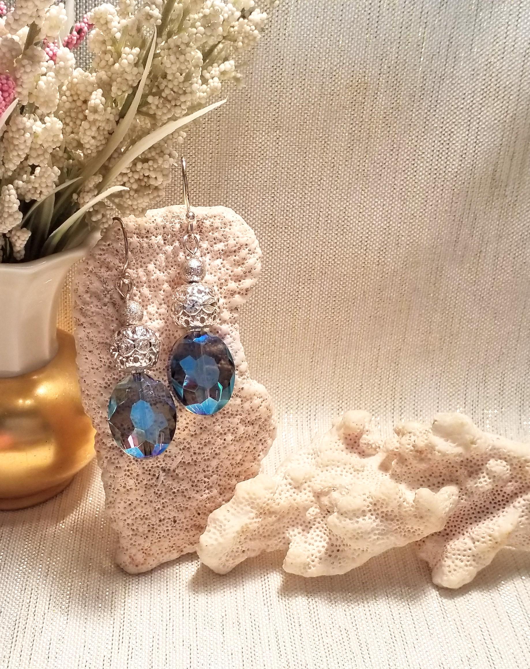 Handcrafted Silverplated Earrings, AB Crystal Blue Ovals Always FREE Domestic SHIPPING