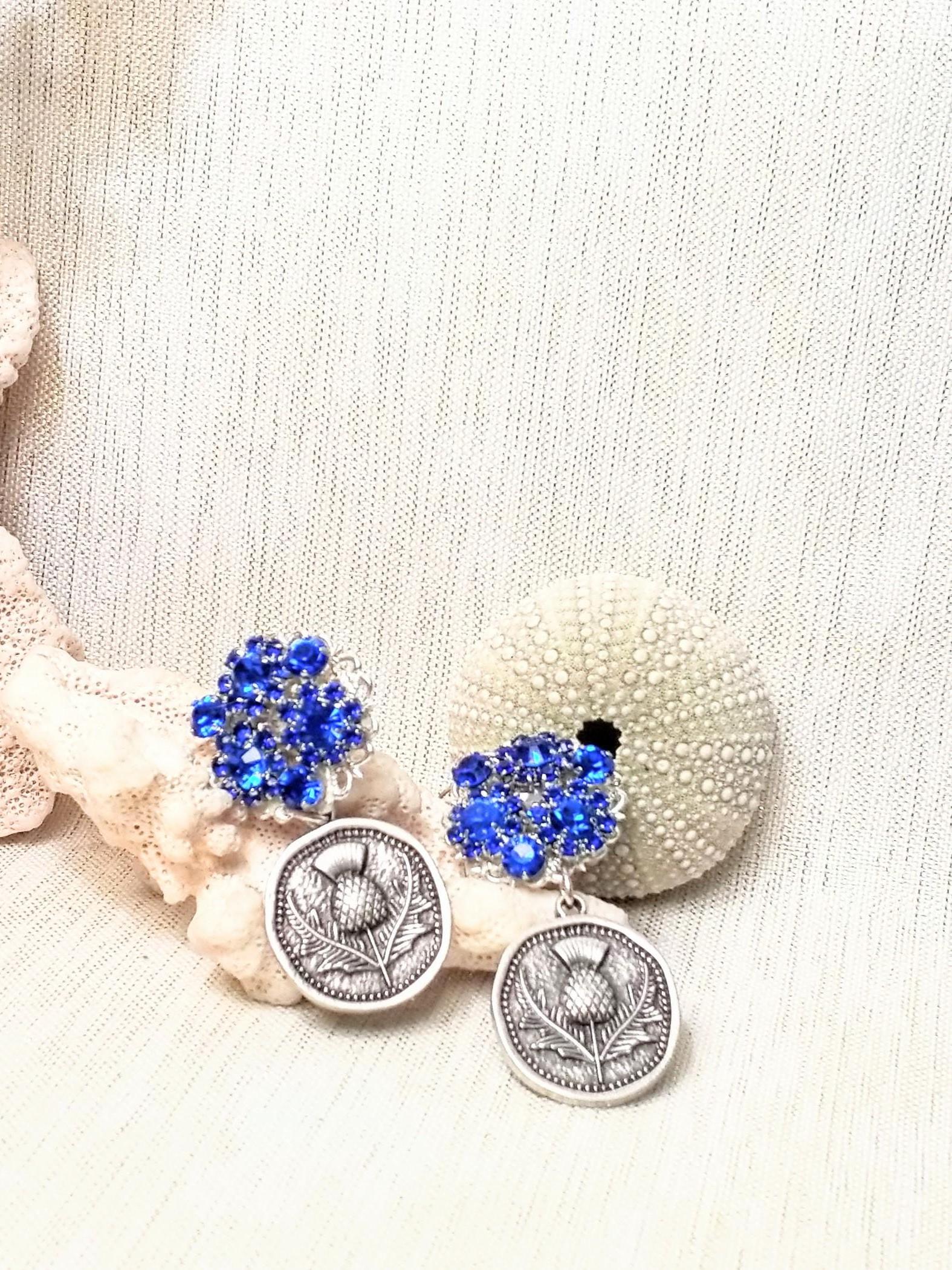 Handcrafted Scottish Thistle Earrings with Royal Blue Rhinestones Always FREE Domestic SHIPPING