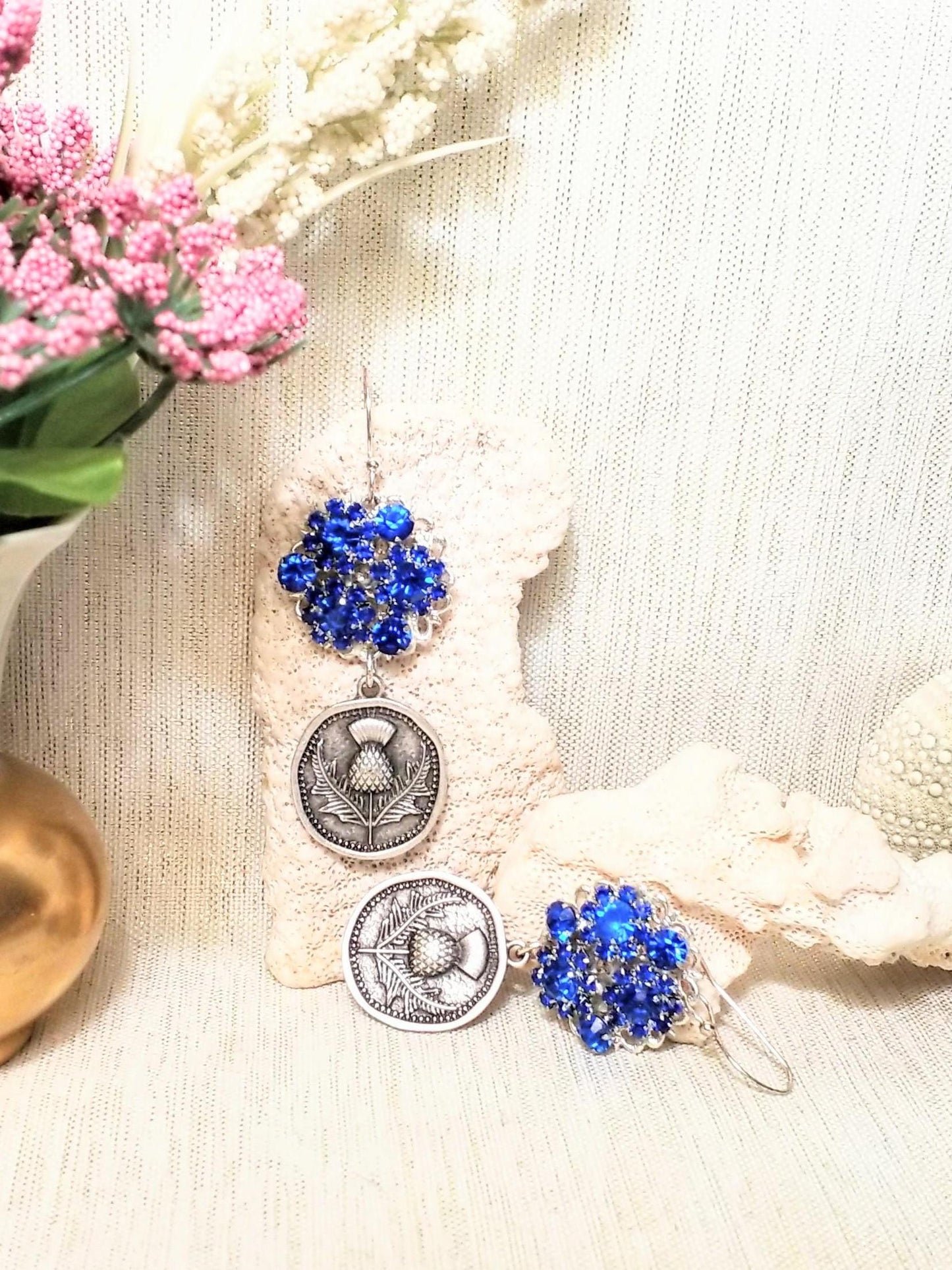 Handcrafted Scottish Thistle Earrings with Royal Blue Rhinestones Always FREE Domestic SHIPPING