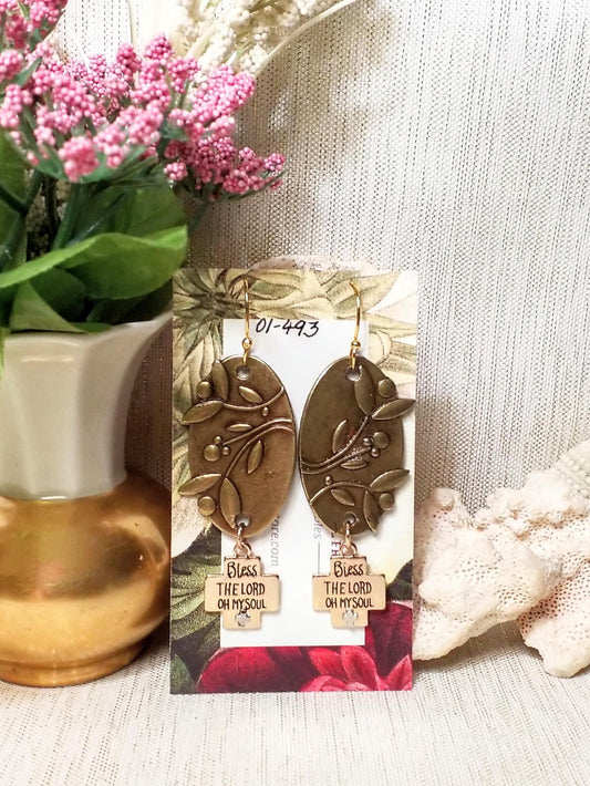 Handcrafted Brass Floral Oval Earrings, Bless The Lord Charm Always FREE Domestic SHIPPING