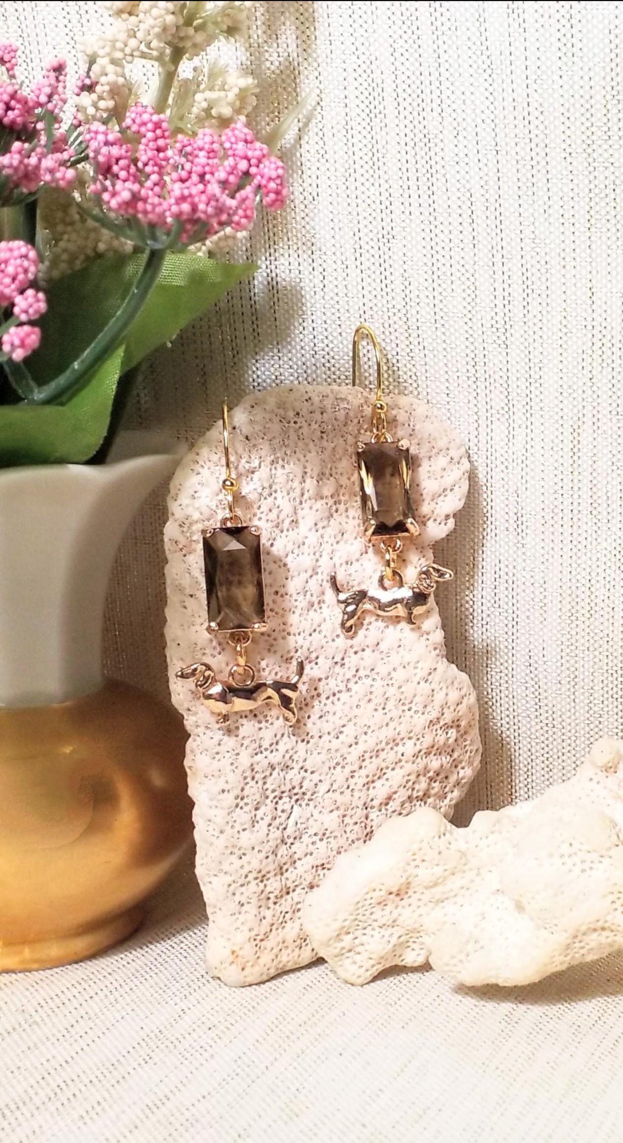 Dachshund Charm Earrings Handcrafted Crystal & Gold-Plated Dangle Earrings Always FREE Domestic SHIPPING