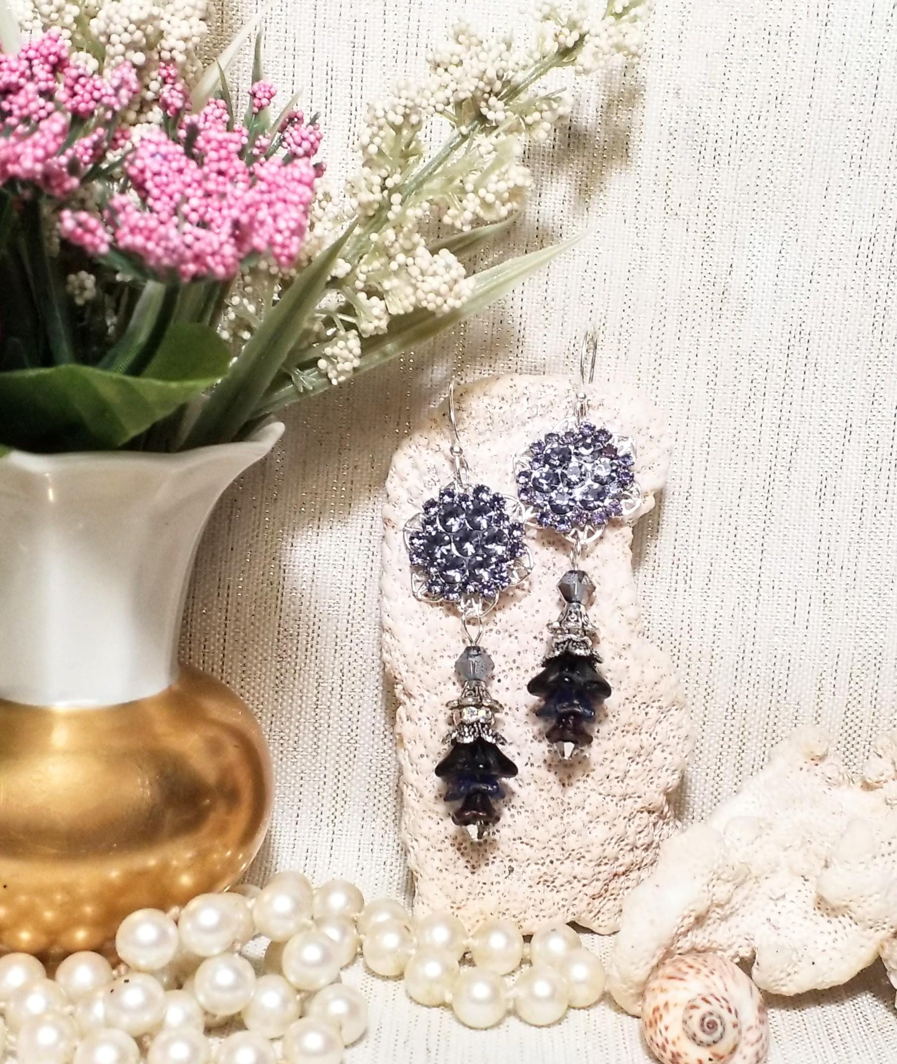 Handcrafted Earrings Beautiful Style Light Purple Rhinestones With Dark Purple Czech Flowers Excellent Jewelry Accessory FREE Domestic SHIPP