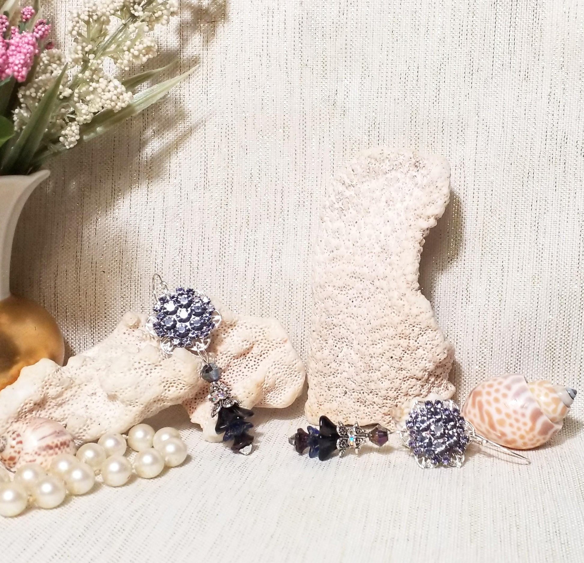 Handcrafted Earrings Beautiful Style Light Purple Rhinestones With Dark Purple Czech Flowers Excellent Jewelry Accessory FREE Domestic SHIPP