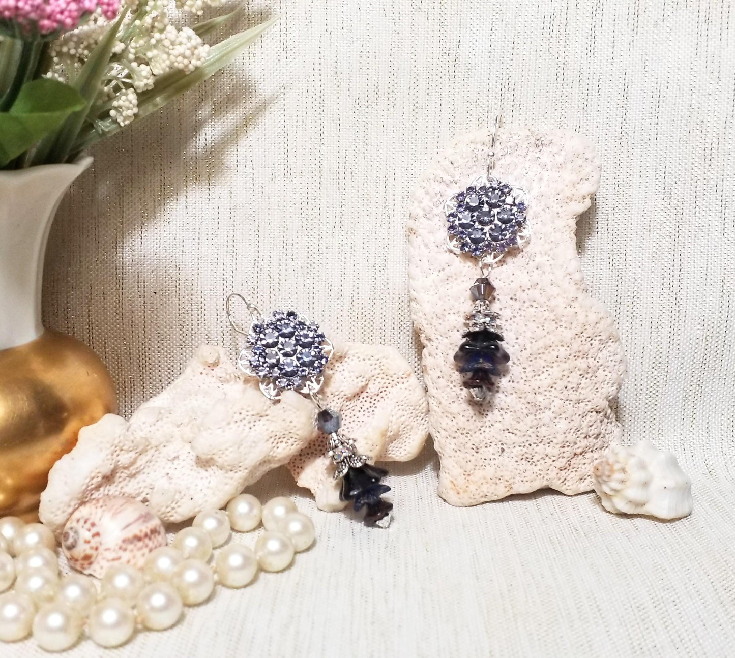 Handcrafted Earrings Beautiful Style Light Purple Rhinestones With Dark Purple Czech Flowers Excellent Jewelry Accessory FREE Domestic SHIPP