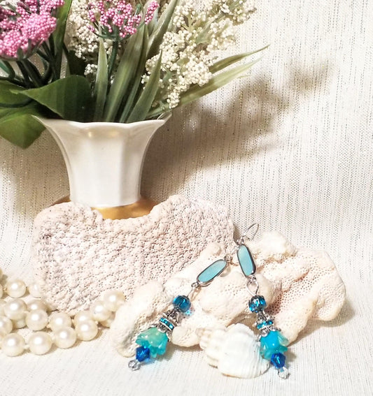 Earrings Handcrafted Beautiful Style Elegant Design Bright Blue With Czech Flowers Perfect Accessory Ideal Gift Jewelry FREE Domestic SHIPPI