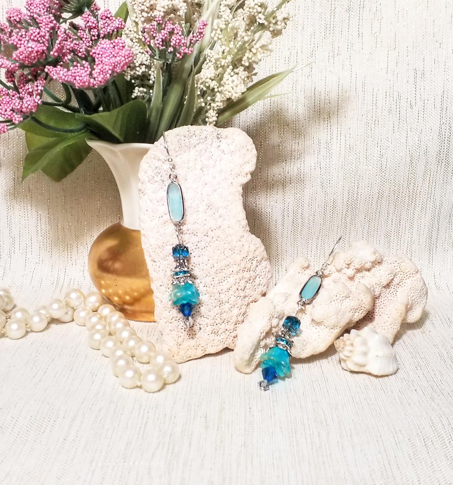 Earrings Handcrafted Beautiful Style Elegant Design Bright Blue With Czech Flowers Perfect Accessory Ideal Gift Jewelry FREE Domestic SHIPPI