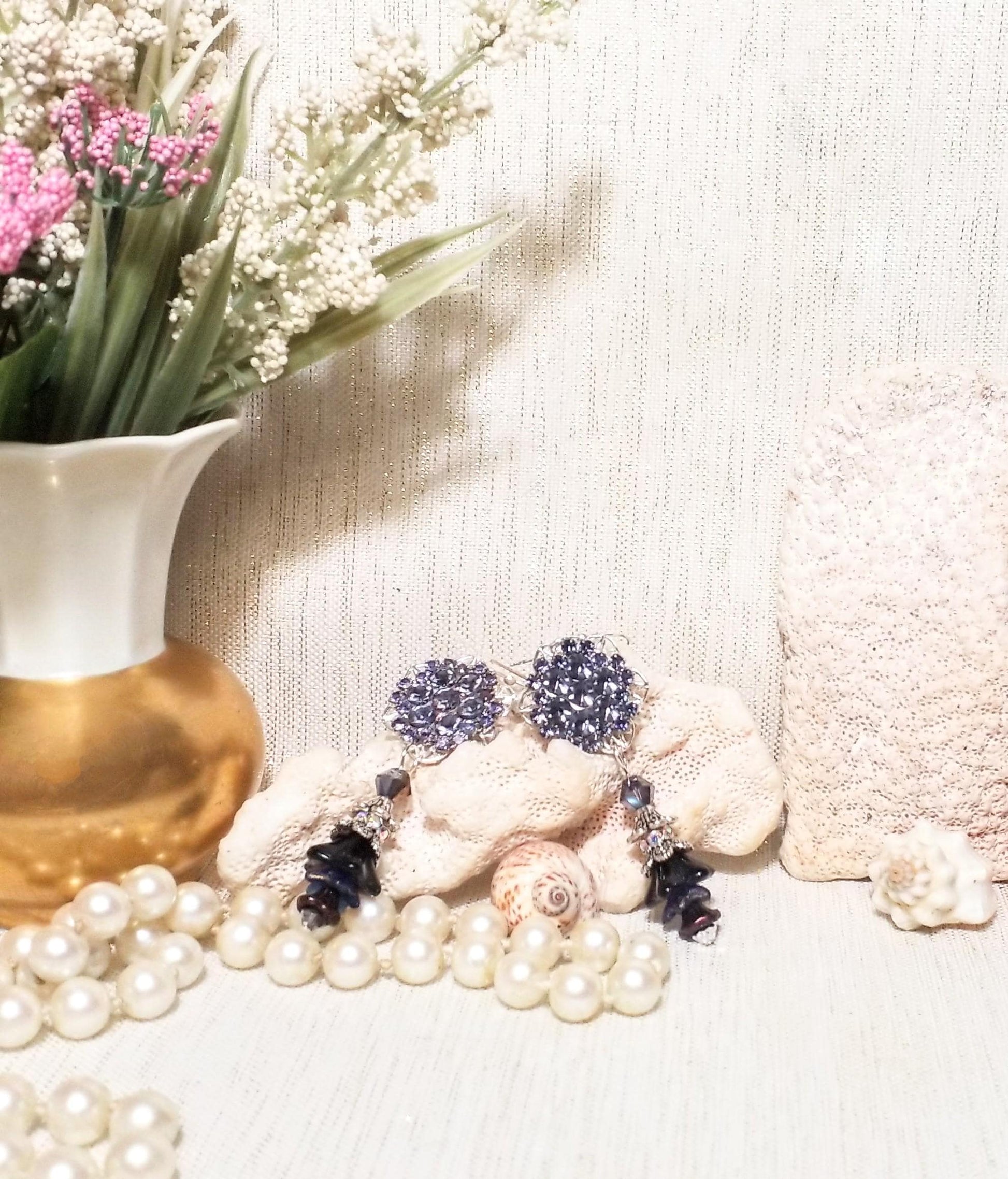 Handcrafted Earrings Beautiful Style Light Purple Rhinestones With Dark Purple Czech Flowers Excellent Jewelry Accessory FREE Domestic SHIPP