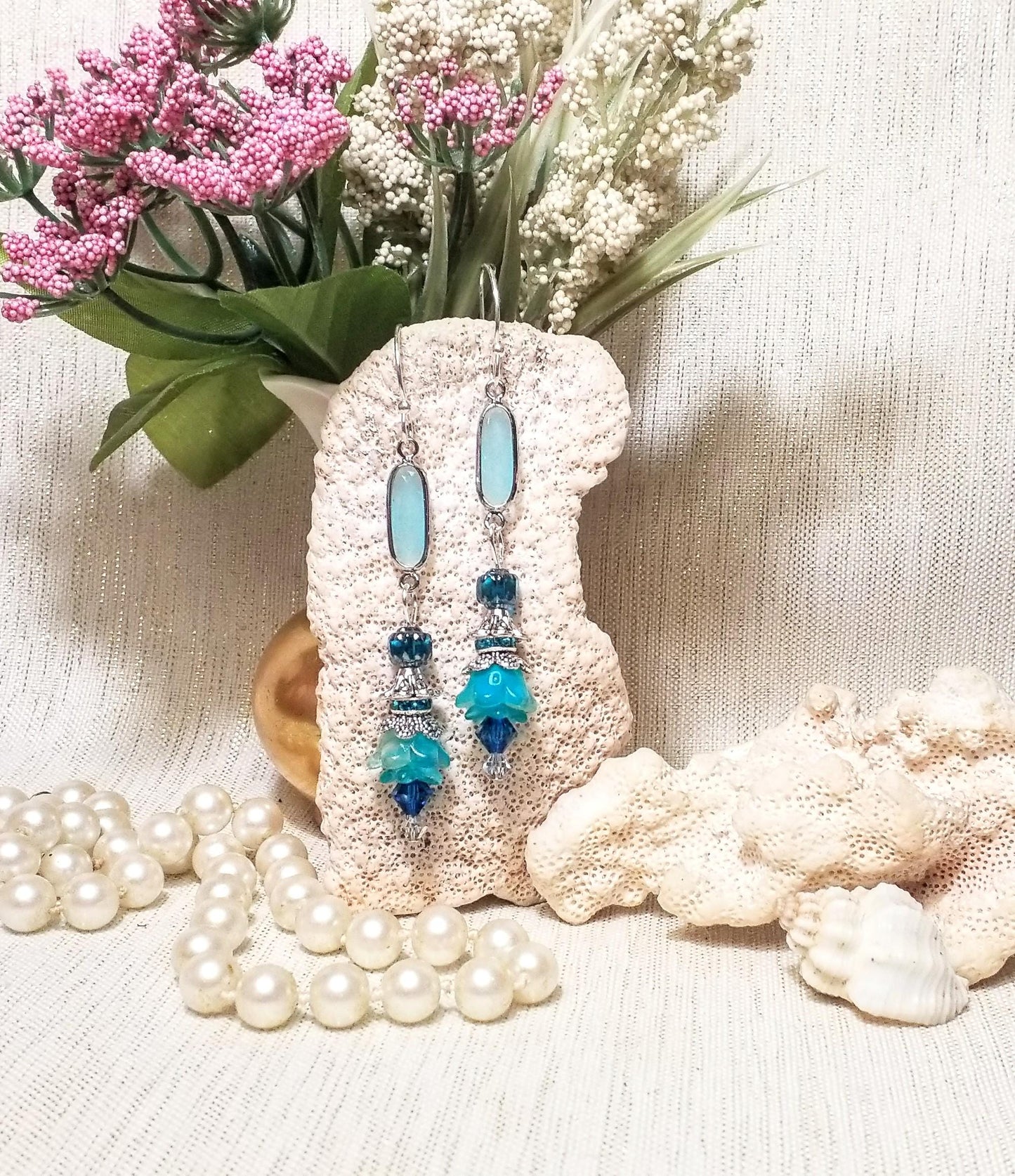 Earrings Handcrafted Beautiful Style Elegant Design Bright Blue With Czech Flowers Perfect Accessory Ideal Gift Jewelry FREE Domestic SHIPPI