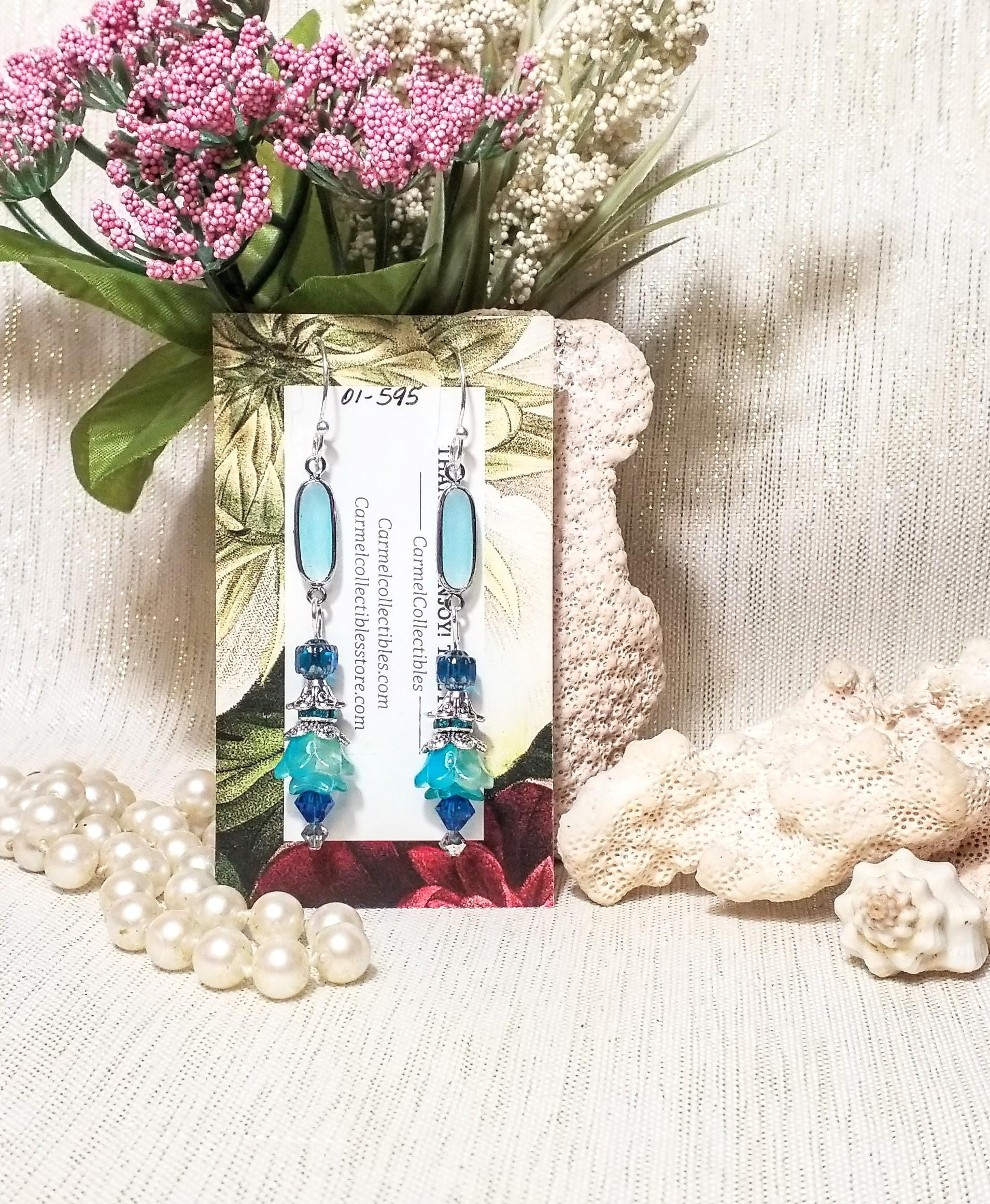 Earrings Handcrafted Beautiful Style Elegant Design Bright Blue With Czech Flowers Perfect Accessory Ideal Gift Jewelry FREE Domestic SHIPPI