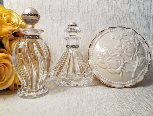 Lenox Czechoslovakian Crystal Perfume Bottles Diamonds And Pearls Series Beautiful Unmarked Trinket Dish With Lid FREE Domestic SHIPPING