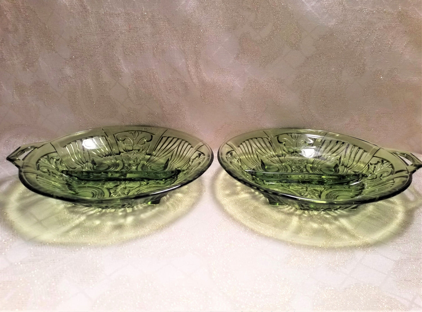 Avacado Green Glass Relish Dishes Set Of Two Beautiful Design Exceptional Display Set Of Two Matching Dishes FREE Domestic SHIPPING