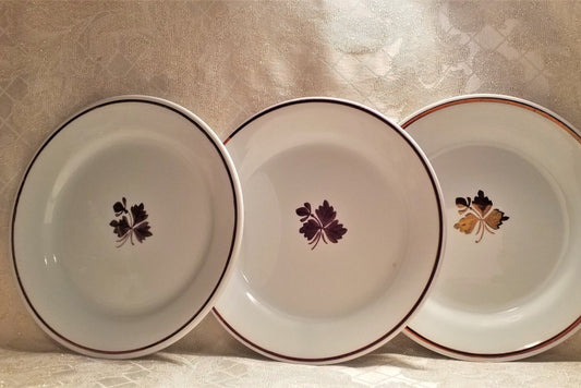 Antique 1897 Alfred Meakin Copper Trim Tea Leaf Ironstone China Luncheon Salad Or Dessert Plates Set Of Three Always FREE Domestic SHIPPING