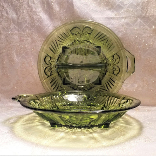 Avacado Green Glass Relish Dishes Set Of Two Beautiful Design Exceptional Display Set Of Two Matching Dishes FREE Domestic SHIPPING