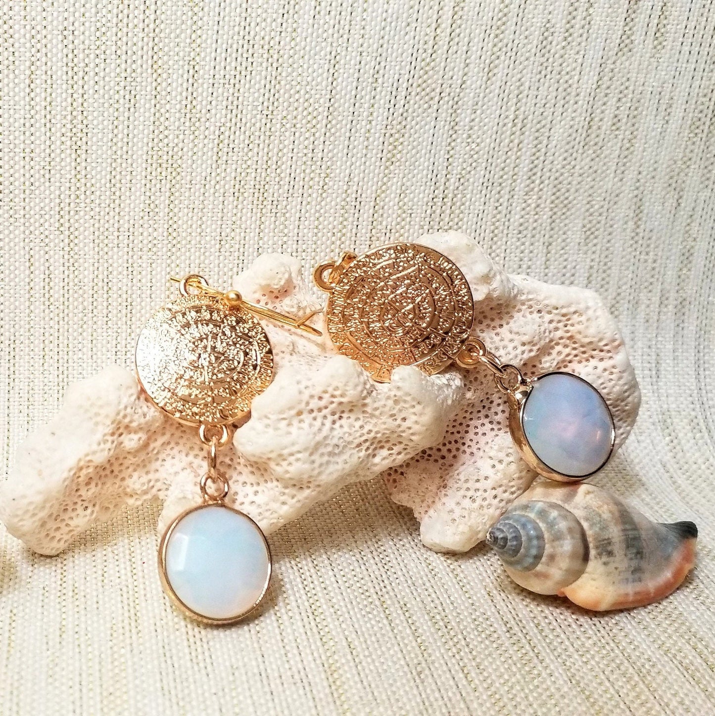 Earrings Handcrafted Beautiful Elegant Greek Medallions With Opalescent Charms And Goldplated Ear Wires Always FREE Domestic SHIPPING