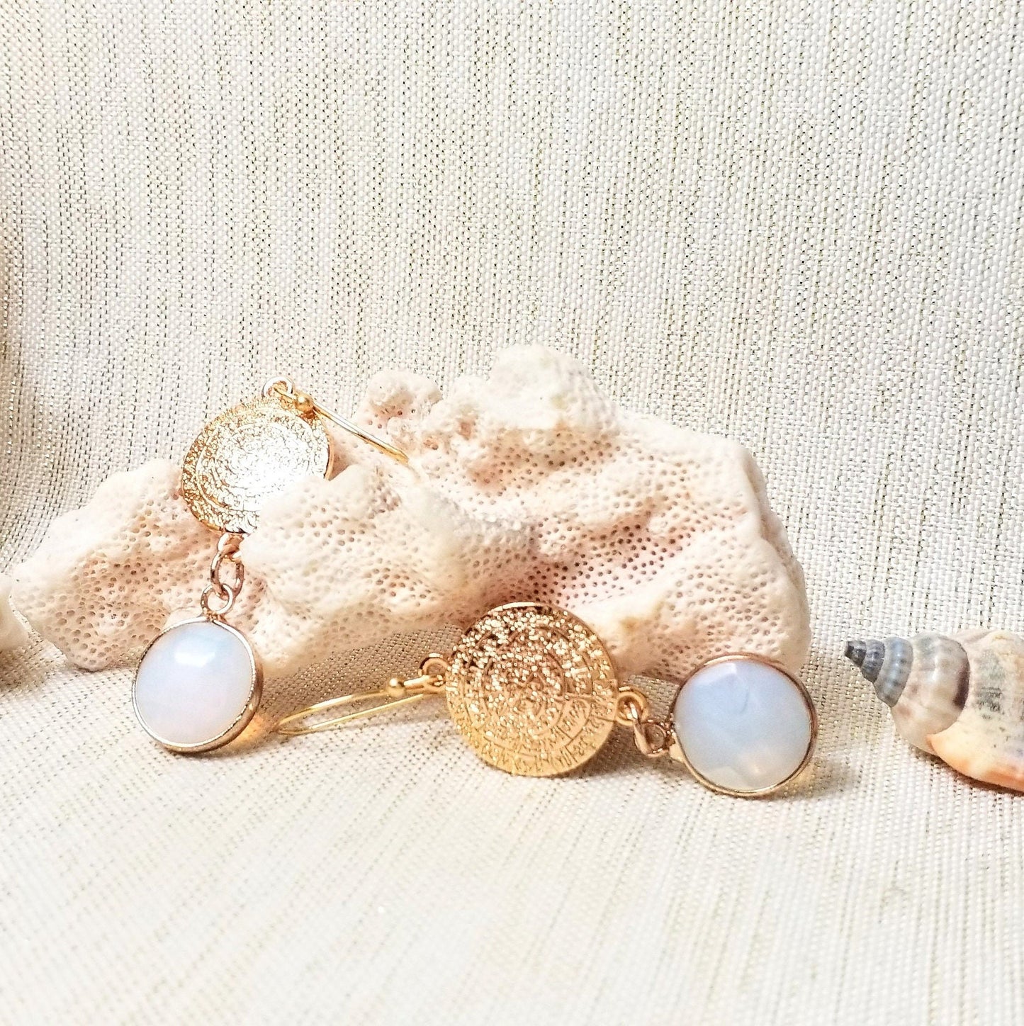 Earrings Handcrafted Beautiful Elegant Greek Medallions With Opalescent Charms And Goldplated Ear Wires Always FREE Domestic SHIPPING