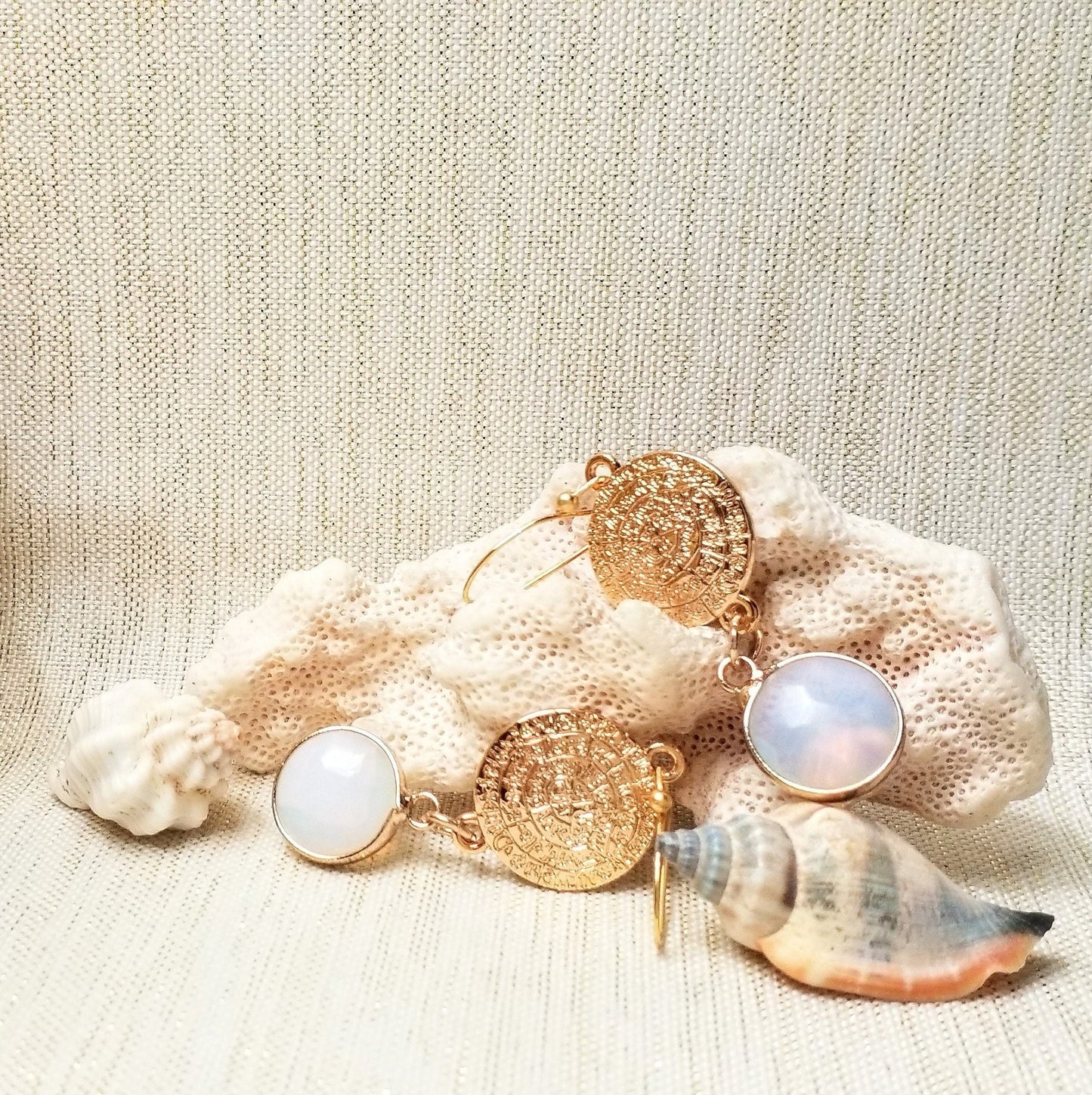 Earrings Handcrafted Beautiful Elegant Greek Medallions With Opalescent Charms And Goldplated Ear Wires Always FREE Domestic SHIPPING
