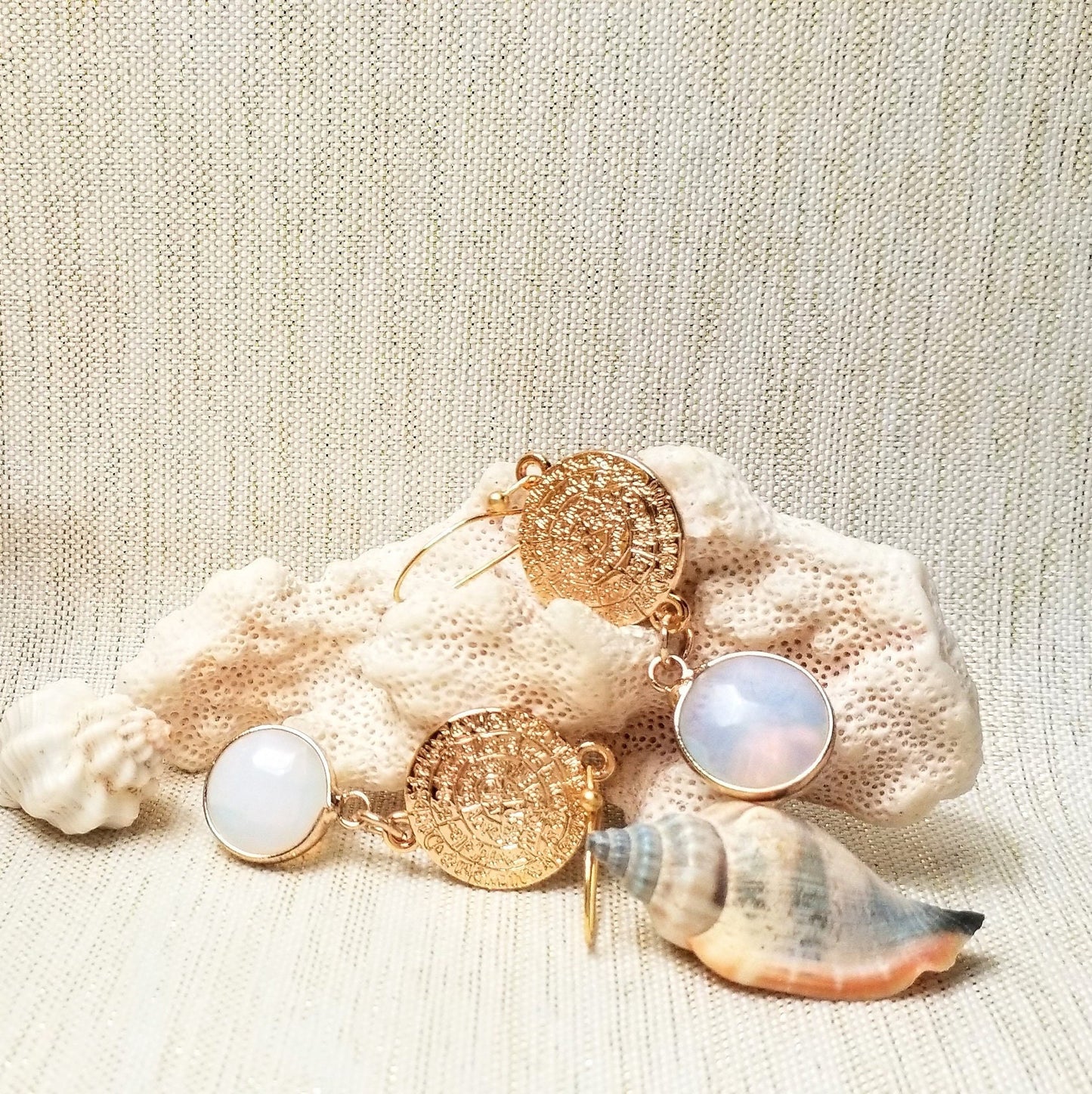 Earrings Handcrafted Beautiful Elegant Greek Medallions With Opalescent Charms And Goldplated Ear Wires Always FREE Domestic SHIPPING