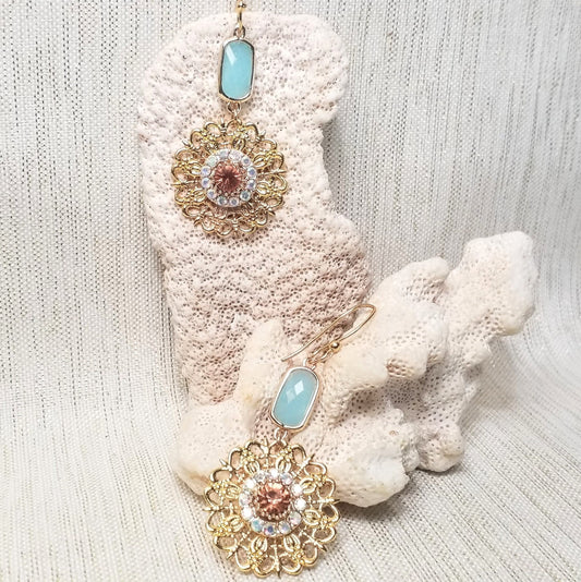 Earrings Beautiful Handcrafted Artisan Style Elegant Gold Plated Filigree With Pretty Opaque Teal Top Charms Always FREE Domestic SHIPPING