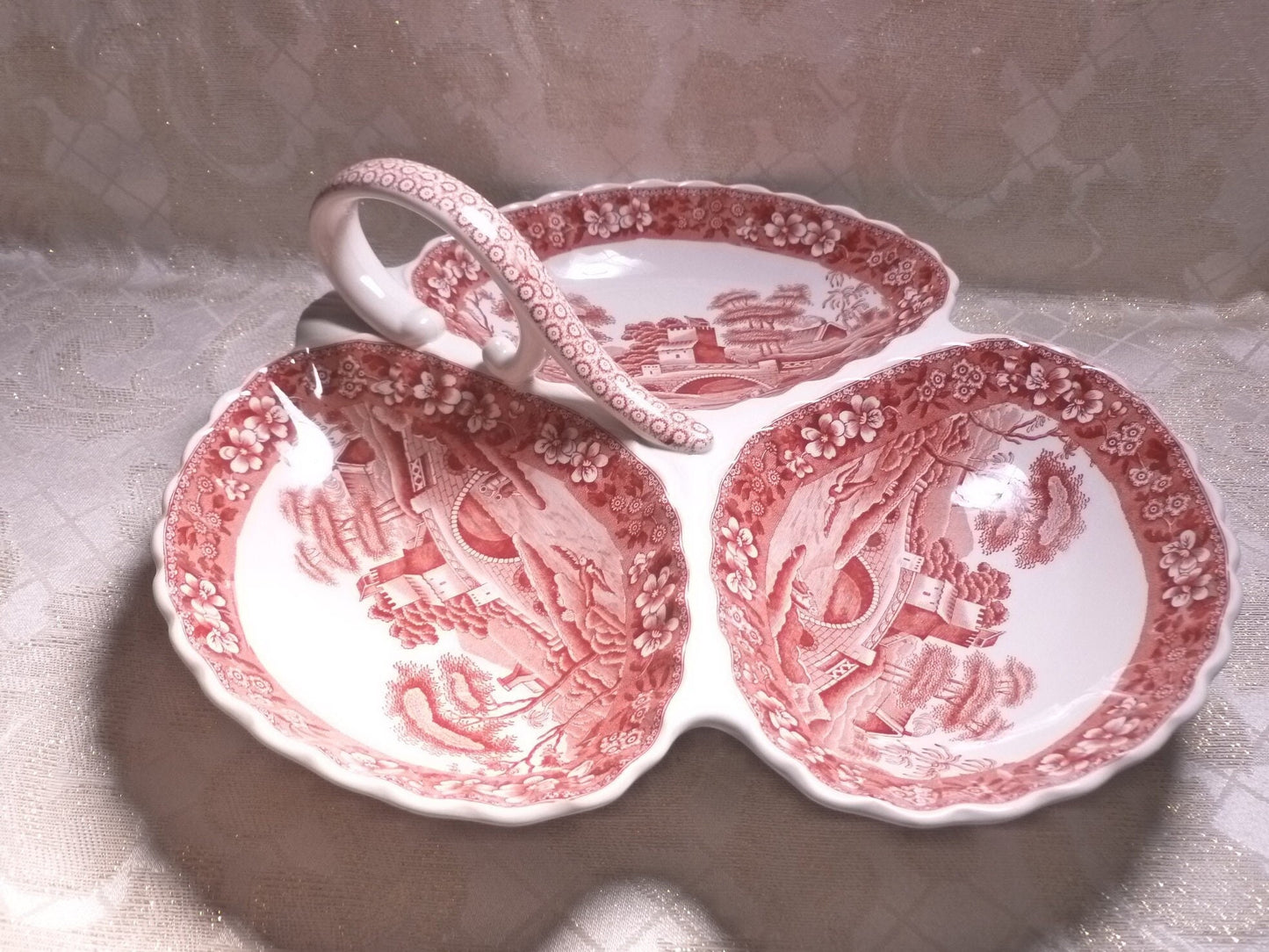 Copeland 1920s Spode's Tower Red And White Made In England Beautiful 3 Compartment Serving Dish With Handle Always FREE Domestic SHIPPING