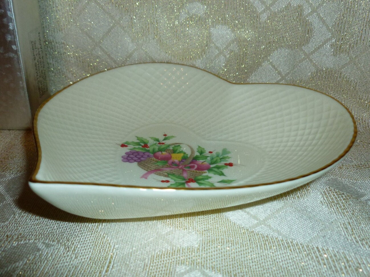 Beautiful Vintage Mikasa Heart Dish New With Original Box Fruit Foliage In Basket Design With Gold Trim Always FREE Domestic SHIPPING