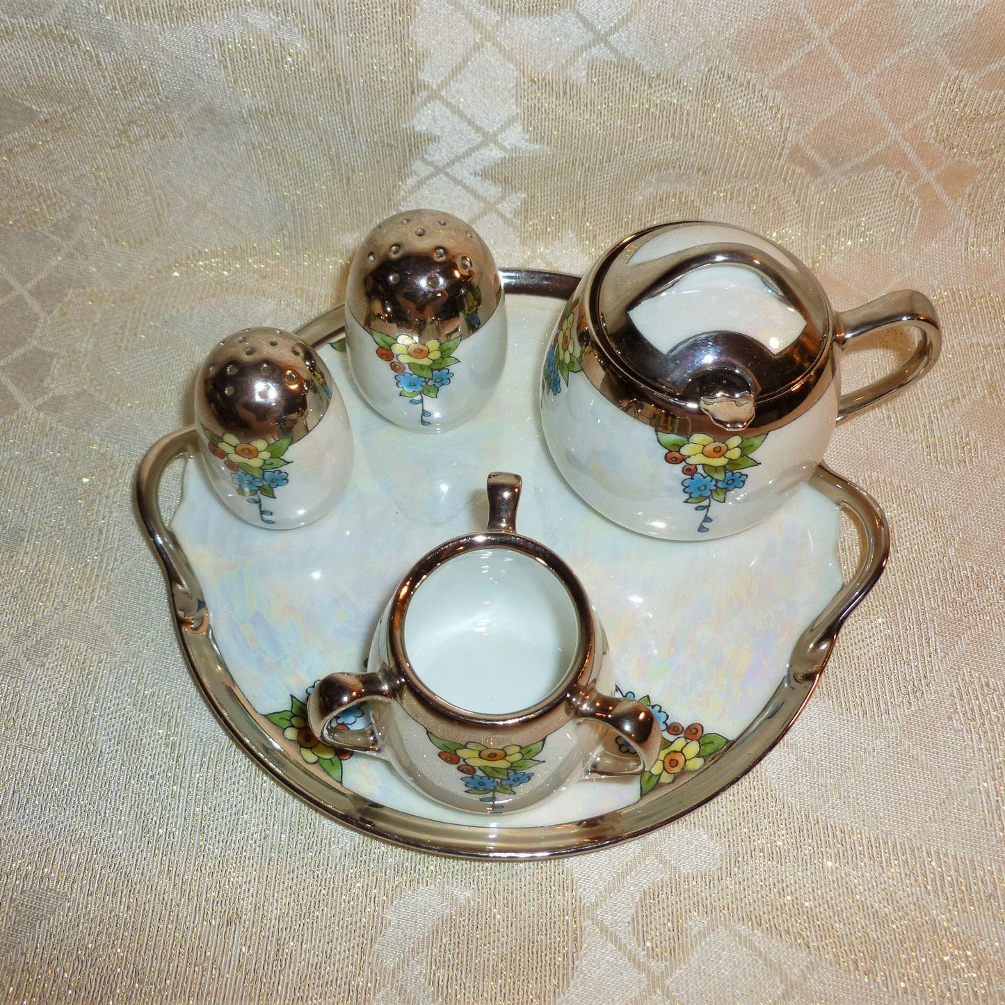 Carmel Collectibles Offers A Very Pretty 7 Piece Germany Condiment Set With Tray In White Lusterware Floral Design FREE Domestic SHIPPING