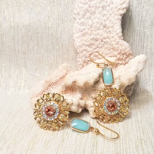 Earrings Beautiful Handcrafted Artisan Style Elegant Gold Plated Filigree With Pretty Opaque Teal Top Charms Always FREE Domestic SHIPPING