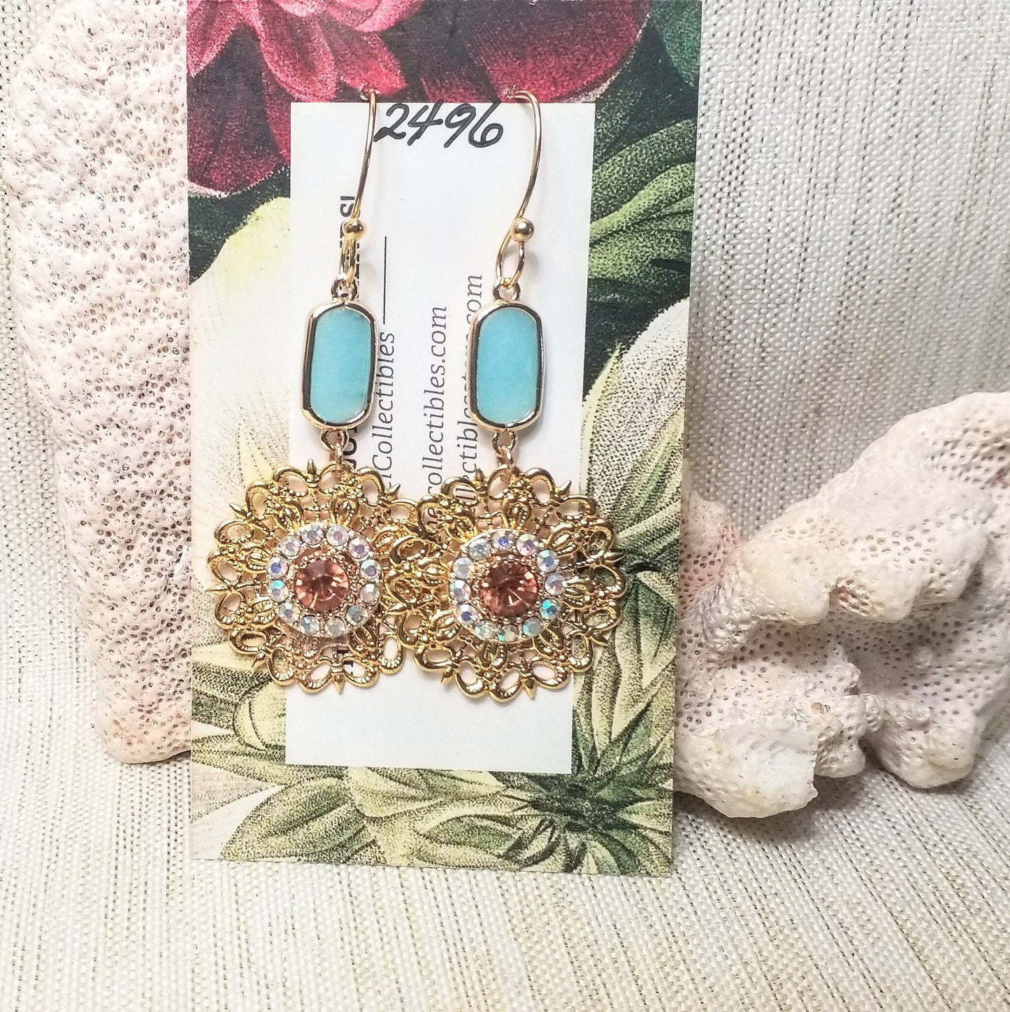 Earrings Beautiful Handcrafted Artisan Style Elegant Gold Plated Filigree With Pretty Opaque Teal Top Charms Always FREE Domestic SHIPPING