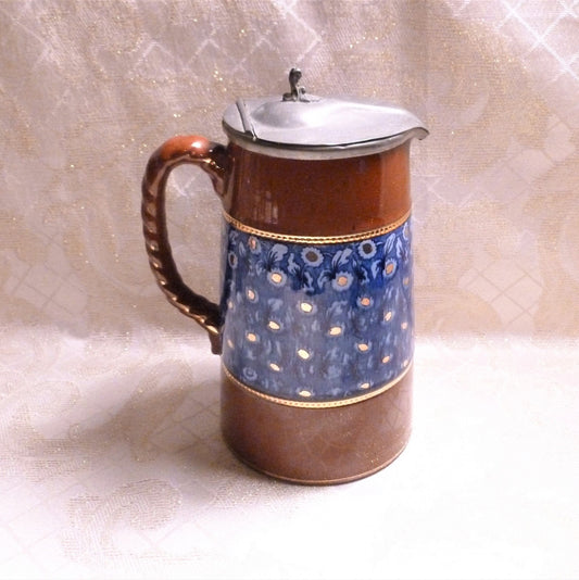 Jackfield Majolica Pitcher With Hinged Pewter Lid And Finial Blue Floral Beautiful Excellent Farmhouse Style  Always FREE Domestic SHIPPING