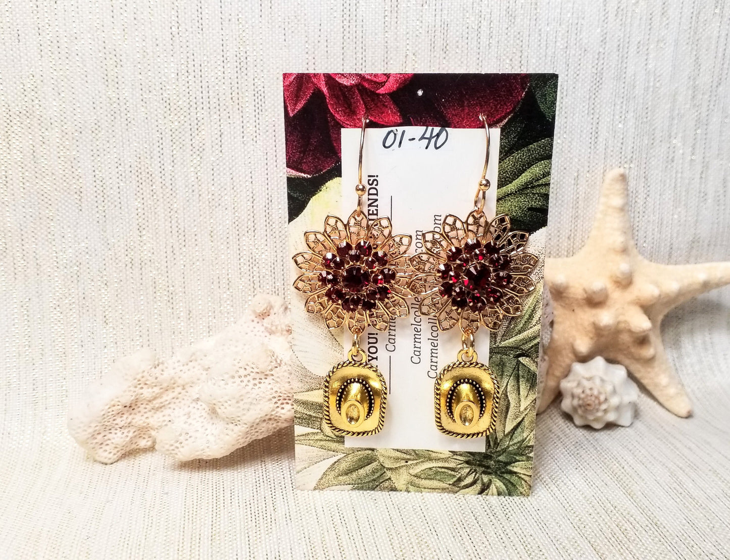 Earrings Beautiful Elegant Red Swarovski Crystals On Gold Plated Filigree With Gold Cowgirl Hats Always FREE Domestic SHIPPING