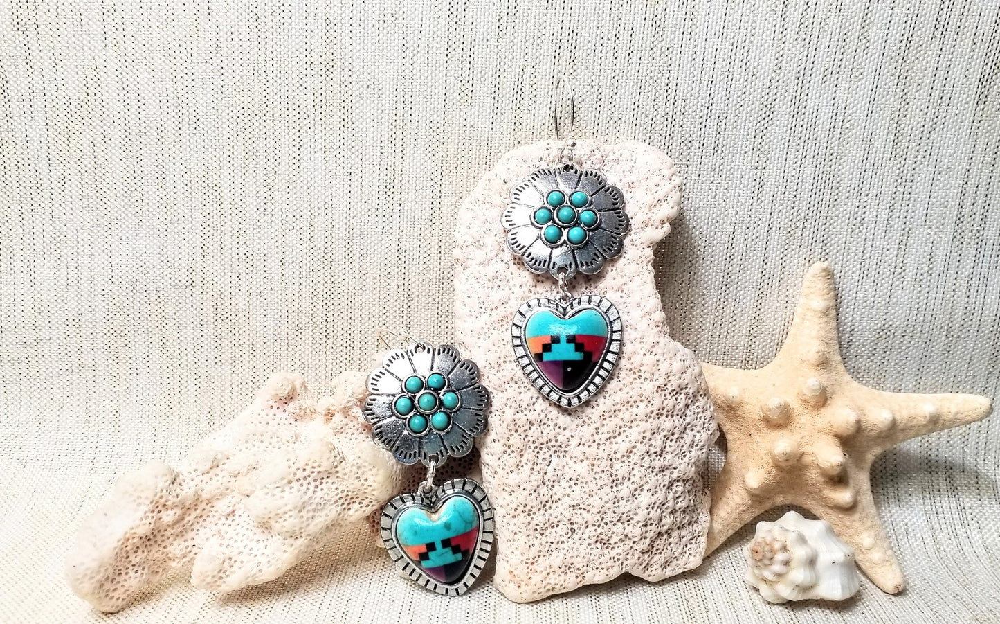 Earrings Handcrafted Beautiful Turquoise Style With Intricate Hearts And Conch Country Western Design Always FREE Domestic SHIPPING
