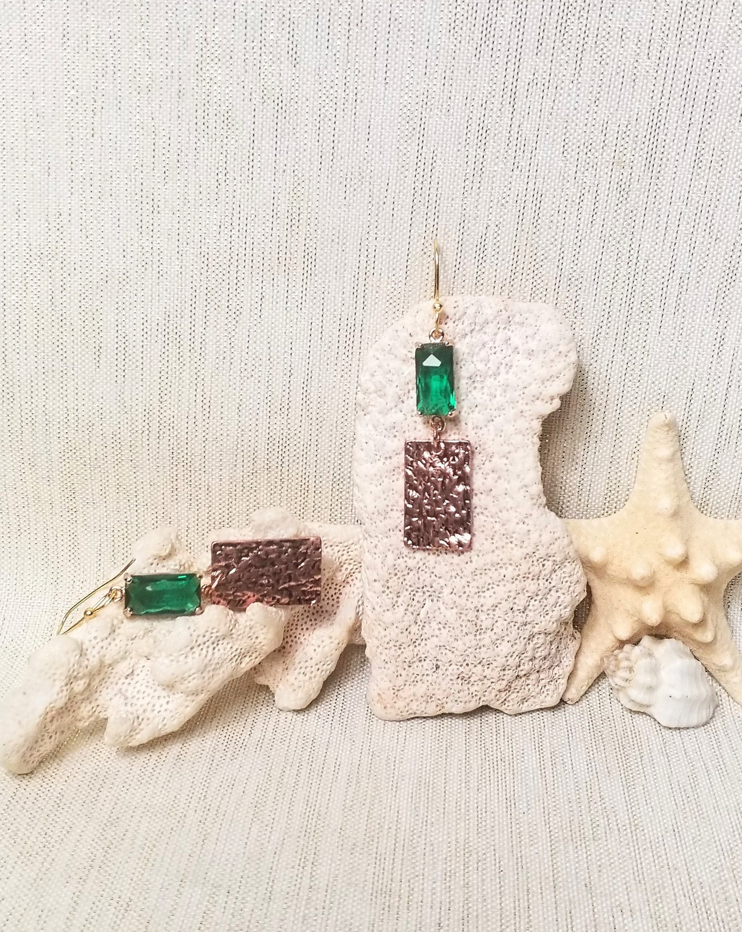 Earrings Handcrafted Beautiful Emerald Green Crystals With Pretty Hammered Copper Charms Goldplated Ear Wires Always FREE Domestic SHIPPING