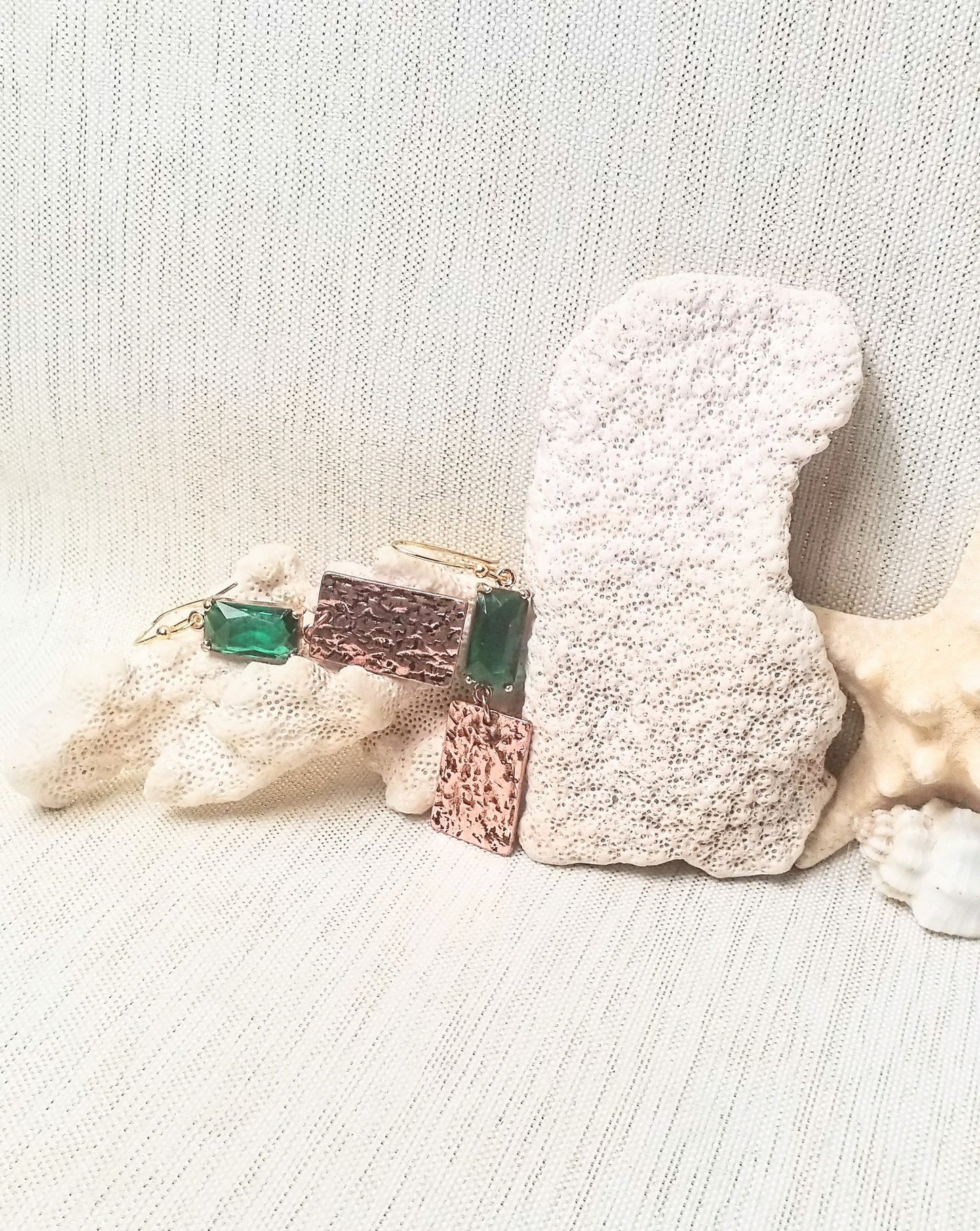 Earrings Handcrafted Beautiful Emerald Green Crystals With Pretty Hammered Copper Charms Goldplated Ear Wires Always FREE Domestic SHIPPING