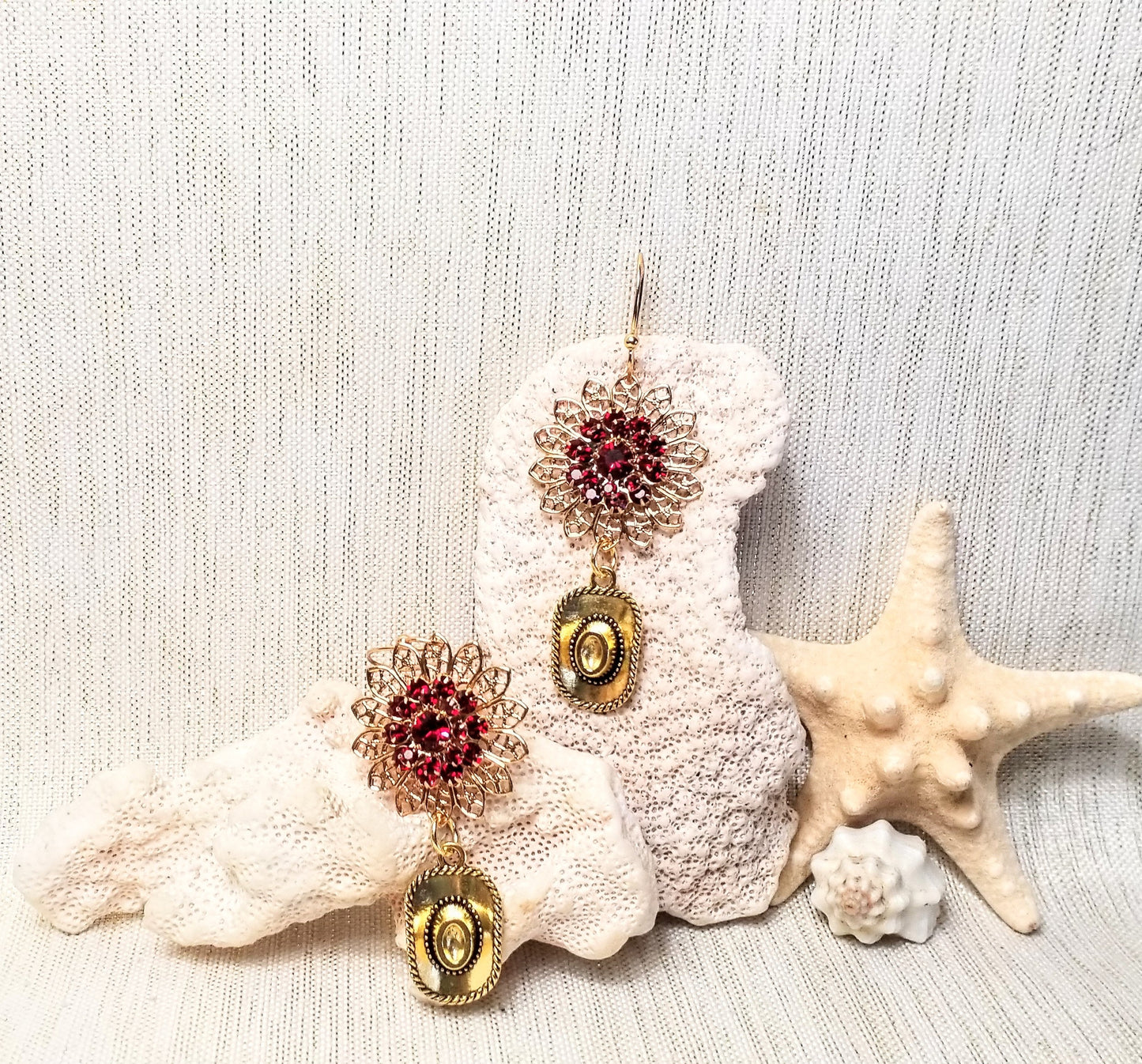 Earrings Beautiful Elegant Red Swarovski Crystals On Gold Plated Filigree With Gold Cowgirl Hats Always FREE Domestic SHIPPING