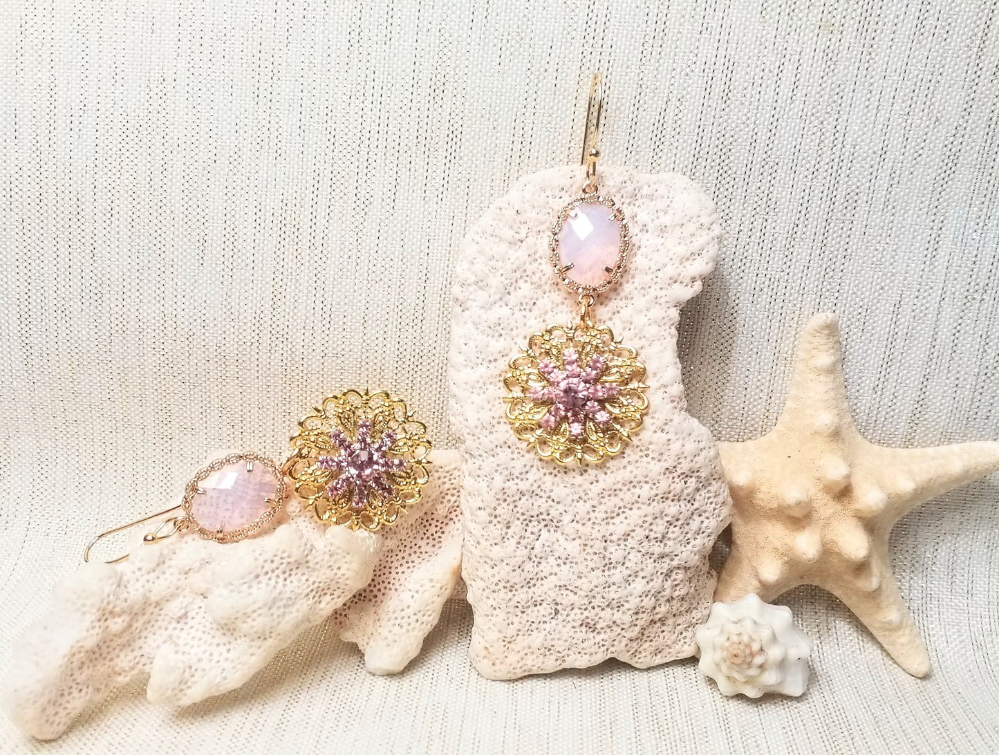 Earrings Handcrafted Pretty Princess Pink Crystals And Rhinestones With Golden Filigree Ear Wires For Comfort Always FREE Domestic SHIPPING