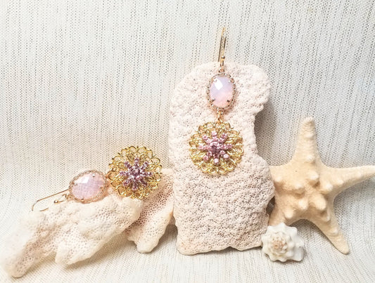 Earrings Handcrafted Pretty Princess Pink Crystals And Rhinestones With Golden Filigree Ear Wires For Comfort Always FREE Domestic SHIPPING