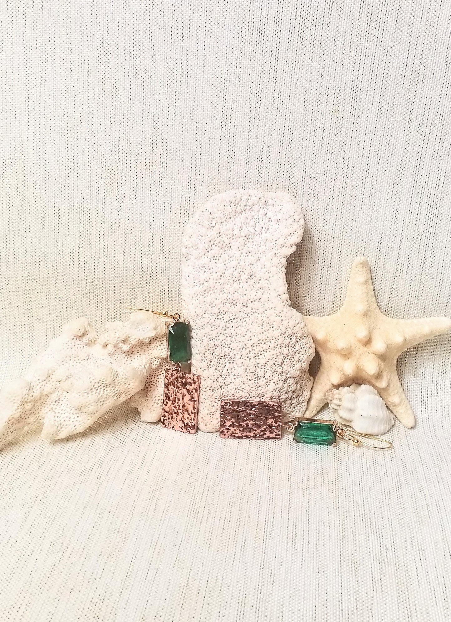 Earrings Handcrafted Beautiful Emerald Green Crystals With Pretty Hammered Copper Charms Goldplated Ear Wires Always FREE Domestic SHIPPING